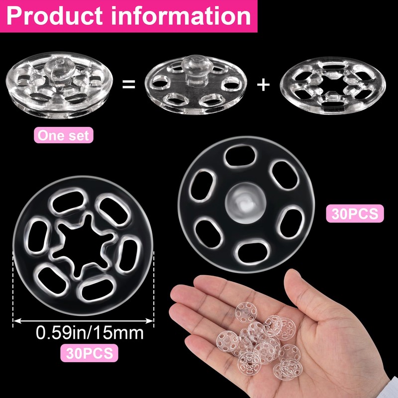 Pndeyo 30 Set Sew-on Snap Buttons, 15mm Plastic Snaps Fasteners,