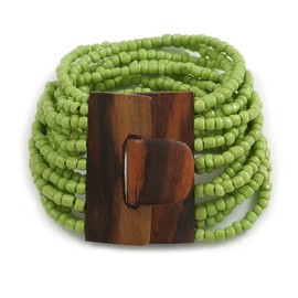 Avalaya Lime Green Glass Bead Multistrand Flex Bracelet with Wooden Closure - 18cm L