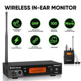 TONALUXE Wireless in Ear Monitor System, PRO UHF IEM System Mono with Metal Rack Mountable Transmitter, 1 Bodypack Receiver with Earphone, 100 Adjustable Frequencies, 262ft Operation for Singers Bands