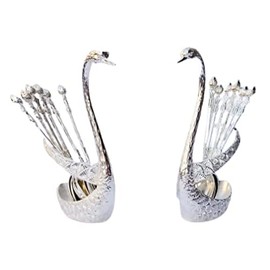 Silver Plated Swan Duck With 12 Pcs Tea Spoon Set For Home And Kitchen Decorative Swan Base Holder Spoons for Coffee, Fruit, Dessert, Stirring, Mixing Sugar (Set Of 2) By ORNATE INTERNATIONAL.
