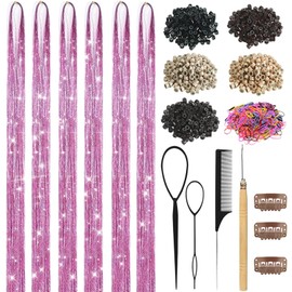 Hair Tinsel, Hair Tinsel Kit for Girls 1800 Strands Fairy Tinsel Hair Extensions Holographic Hair Tinsel Heat Resistant Colored Hair Glitter Christmas Party Festival (N/Pink)