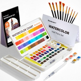 Shuttle Art Solid Watercolor, Set of 48 Solid Watercolors, Half Pan, 10 Paint Brushes, Watercolor Paper, Palette, Transparent, Meltable, Quick Dry, Watercolor, Adult Coloring, Drawing, Outdoor