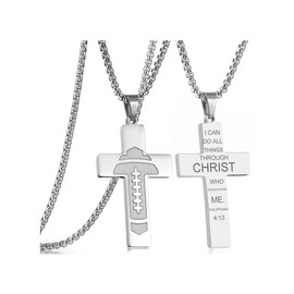 Silver Football Cross Necklace for Men Bible Verse,Religious Faith Christian Scriptures Philippians 4 13 Pendant Cross Chain, Baptism 1st First Communion Gifts for Men Graduation Father's day Jewelry