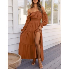 ZESICA Women's 2025 Boho Sexy Off Shoulder Long Sleeve Smocked High Waist Side Split Flowy A Line Tiered Long Maxi Dress,Caramel,Large