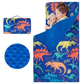 YCDTMY Toddler Nap Mat, Slumber Bags with Removable Pillow and Minky Blanket, Daycare Sleeping Mat Nap Blanket Rollup Design, Kids Sleep Mat Perfect for Preschool Daycare Kindergarten, Blue Dinosaur