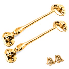 Pack 2 Brass Cabin Hook | 150mm Cabin Door Hook and Eye Latch | Eye Silent Catch Door Latch Holder with Screws | Brass Door Hook Lock for Window, Garden Gate & Door | Outside Door Hook (Brass, 150mm)