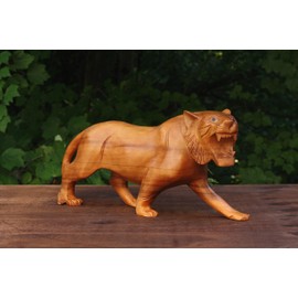 G6 Collection 12" Wooden Hand Carved Tiger Statue Figurine Sculpture Art Decorative Home Decor Accent Lodge Wood Handmade Handcrafted Wild Animal Decoration Tiger