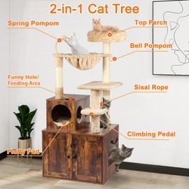 Timberer Cat Tree with Litter Box Enclosure, 2-in-1 Cat Tower for Indoor Cats, Large Cat Furniture, Wood Cat Condo with Basket, Scratching Posts, Pompoms, Rustic Brown