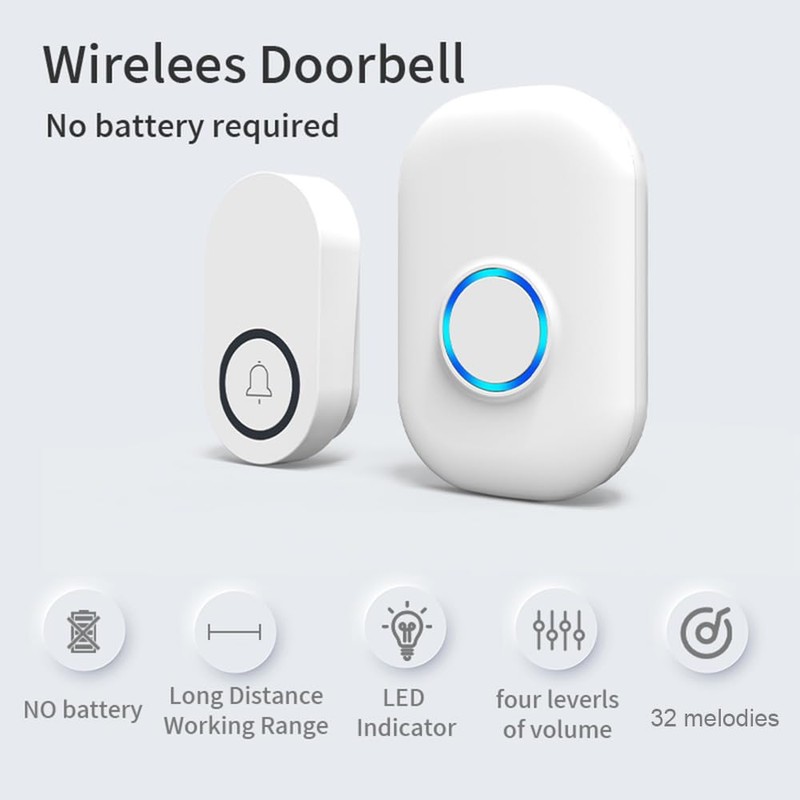 Swokely Wireless Door Bell IP44 Waterproof Doorbell Chime 656ft Range