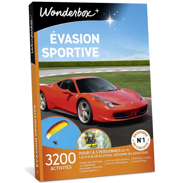 Wonderbox – Coffret cadeau homme - EVASION SPORTIVE – 2440 activités au choix: pilotage de Ferrari, Lambroghini, ULM, saut à l’élastique, hélicoptère pour 1 à 5 personnes (et +)