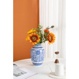 Blue and White Vase Décor, Ceramic Chinoiserie Decorative Vase for Home, Office, Flower Vase Pocelain, Glossy Vase for Table, Living Room, Bookshelf, Mantle Fireplace, Centerpieces,9 inches