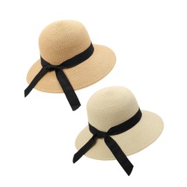 Zylioo 2 Pack Extra Big Straw Sun Hats,Womens Summer Sun Hats for Big Heads,UPF 50+ Floppy Beach Hats with Bow Khaki-Beige