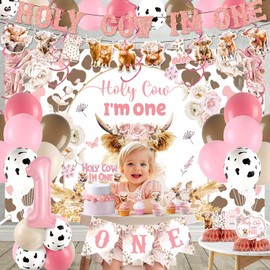 Highland Cow 1st Birthday Decorations for Girl Floral Boho Holy Cow Im One Birthday Backdrop Pink First Bday Chair Banner Honeycomb Cupcake Topper for Bohemian Animal One Year Old Party Supplies