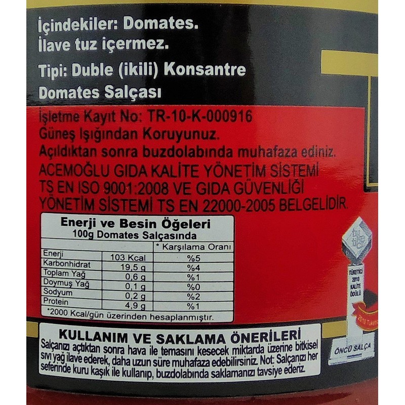 Oncu Traditional and Natural Pastes (Turkish) (Tomato Paste, 700 Gr