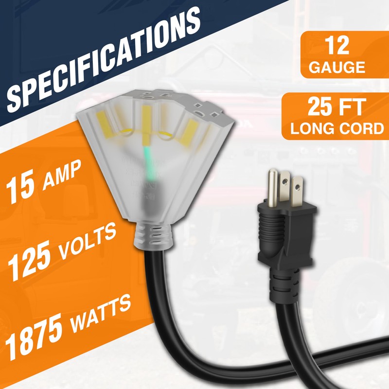 Lighted Outdoor Extension Cord 3 Electrical Power Outlets Fan Style