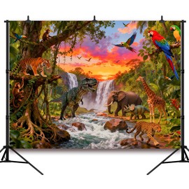 DePhoto 7x5FT Jungle Forest Animals Backdrop Tropical Rainforest Safari Background for Wild Party Decorations Photo Banner Props Vinyl