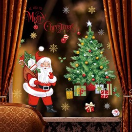 decalmile Christmas Window Wall Stickers Santa Claus Christmas Tree Snowflakes Wall Art Decals Home Party Christmas Door Window Home Decor