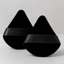 2 Pack Triangle Makeup Puffs – Reusable Soft Velour Powder Sponges with Strap for Wet & Dry Application – Black