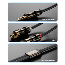 FAWETTY 3.5mm to 2RCA Cable,Headphone Male to Male Jack Adapter Nylon Braided 1/8 to RCA Audio Y Cord, Gold-Plated Plugs, for Smartphones, MP3, Tablets, HDTV, Speaker,6.6ft/2M,Black