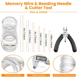 MARRTEUM 100 Loops Silver Memory Beading Wire with Cutter Tool and 6 Size Beading Needles for Jewelry Making, DIY Bracelet Necklace Ring Earring Craft, Solve Bead Stringing and Cutting Problem