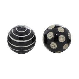 Deco 79 Ceramic Floral Orbs & Vase Filler Glossy Decorative Balls with Varying Patterns and White Accents, Set of 6 3"D, Black