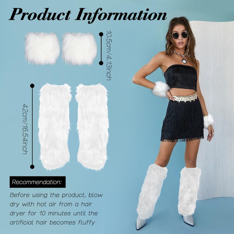 Furry Leg Warmers with Fluffy Wrist Warmers Set, White Faux