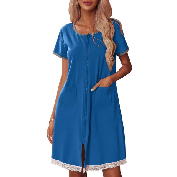 Ekouaer Womens Zipper Front Housecoats Short Sleeve Bathrobes Lace Trim