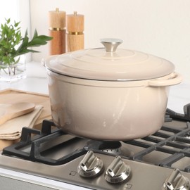 Gibson Home Addlestone 7 Qt Enameled Cast Iron Dutch Oven Pot with Lid – Round, Oven Safe to 500°F, Ideal for Bread Baking & Stews - Gradient Taupe