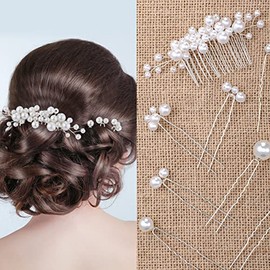 Pack of 9 Pearls Bridal Wedding Hair Comb Pearls Hair Pins Set Silver Bridal Side Comb U Shape Bridal Hair Clip Hair Clip Updo Wedding Hair Accessories for Women Girls