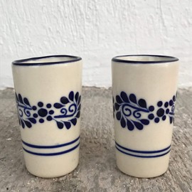 Mexican Shot Glasses, Hand-painted in Mexico - Great for Tequila, Mezcal and Sangrita, 2 oz set of 2 - Classic Blue Flores Lineas Abajo