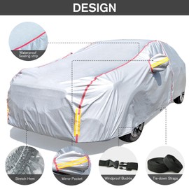 Car Cover Waterproof All Weather, 6 Layers Outdoor XXL Full Car Cover UV Snow Rain Wind Dust All Weather Outdoor Protection with Zipper Cotton, Mirror Pocket, Fit for Sedan Silver (196-210 inch)