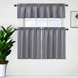GAOMON Kitchen Curtains 3 Pieces Gray Waterproof Rod Pocket Waffle Weave Texture Water Resistant Fabric for Bed Room Bath Room Nursery Living Room Cafe Tiers and Valance, 30''Wx24''Lx2+60''Wx15''L