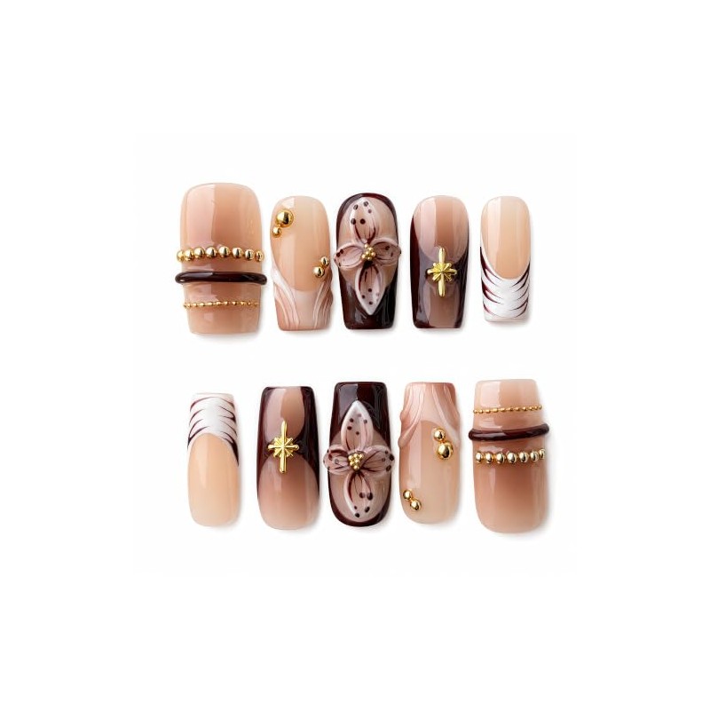Uñas postizas cuadradas de color marrón medio hechas a mano,