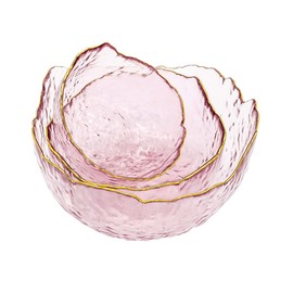 S.ROKE TTAN 3-Pack Glass Bowls for Kitchen Prep, Nesting Space Saving Set of Bowls, Pink Crystal Bowl Set, Irregular Shape Glass Bowl For Salad,Ice Cream, Cereal,Dessert, Freezer Safe (Light Pink)