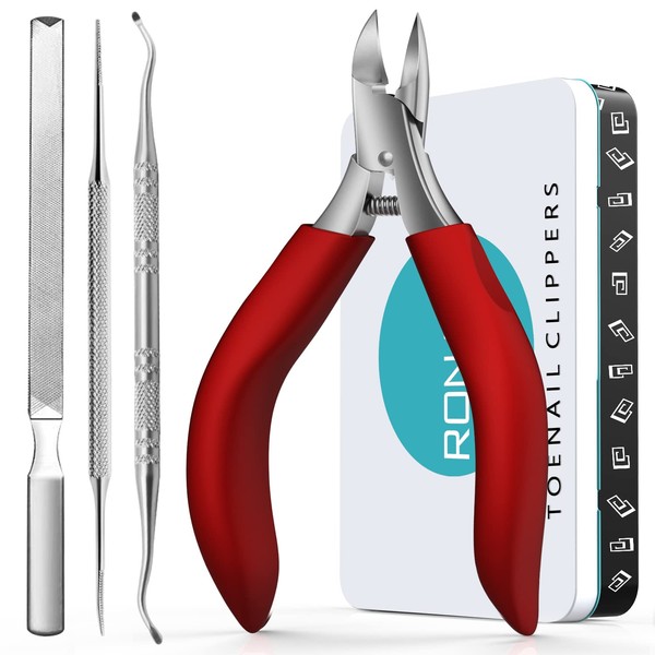 Nail Clipper Set - Ingrown Toenail Treatment & Toenail Clippers for Thick Nails,Heavy Duty Professional Toe Nail Clippers for Men/Elderly, Large Toenail Scissors,Long Handle Safety Strong RONAVO(Red)