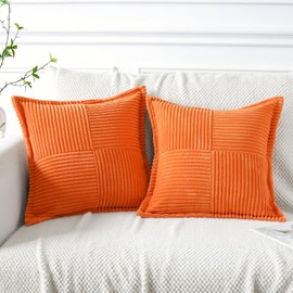 Artscope Corduroy Cushion Covers Pack of 2 Modern Patchwork Throw Pillow Covers Soft Pillowcase Broadside Decorative Textured Cushions for Home decor Sofa Bedroom Couch Orange 45x45cm