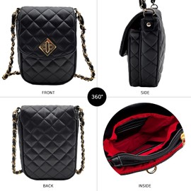 Bhumane Small Crossbody Phone Leather Bag for Women Mini Shoulder Wallet Card Purse Quilted (B - Black & Gold)