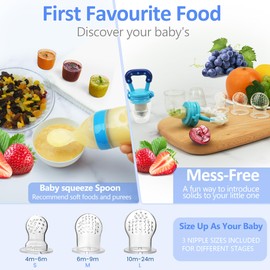 WAJIAYON Baby Fruit Feeder Pacifier - 12 Pack | 2 Infant Food Feeder Pacifier & 1 Babies Food Dispensing Spoon | Fruit Teethers for Babies | Silicone Teether Feeder Baby,Infant Teething Toys (Blue)