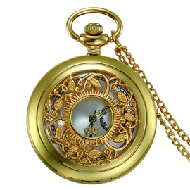 JewelryWe Father's Day Gift Pocket Watch Men's Vintage Analogue Quartz Watch Pendant with Necklace Chain Watch Pendant Pocket Watch Gift, Floral Pattern - Gold, Christmas Day, birthday
