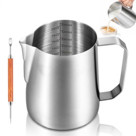 304 Stainless Steel Milk Frothing Pitcher 600ml (20.29 oz) Latte Art Cup with Scale, Espresso Machine Accessories Milk Steamer Jug for Hot and Cold Beverages(with Decorating Pen)