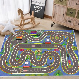Pyrrhite Kids Rug, Race Track Playmat Rugs 47×31 in Kids Carpet with Rubber Backing, Start and Finish line Racing Track Marking Car Road Race 3D Play Mat Nursery Rugs for Children Bedroom Playroom