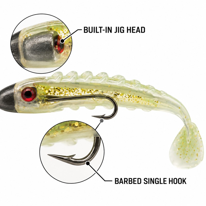 T-Tail Jig Head Soft Fishing Lure with Barbed Hook, Sinking