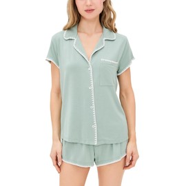 Eberjey Women's Frida Shortie PJ Set, Eucalyptus/Ivory, Green, S