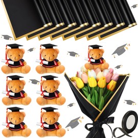 Sonwyoung 47 Pcs Graduation Bear Bouquet Include 40 Sheets Black Waterproof Flower Wrapping Paper with Gold Edge 25 Yards Satin Ribbon 6 Pcs Mini Graduation Bear for Floral Graduation Party Supplies