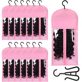 12 PCS Dustproof Portable Wig Storage Bags with Hanger for Hair Extensions 60cm x 30cm, Wig Bags Storage with Hanger, Wig Storage(Pink)
