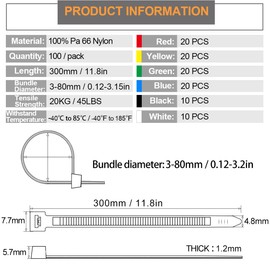 Pack of 100 Cable Ties Resealable 300 x 4.8 mm, Cable Ties Colourful Set UV Resistant & Heat Resistant Cable Ties Coloured Red/Yellow/Blue/Green/Black/White