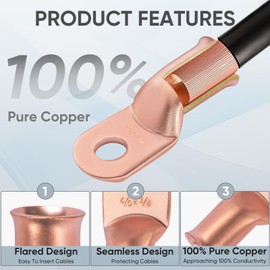 TICONN 10PCS 1/0 Awg -3/8" (M10) Battery Cable Ends, Heavy Duty Copper Battery Lugs, Ring Terminals Wire Lugs Connectors with 3:1 Heat Shrink Tubing for Distribution Box, Golf Carts, Solar Panels