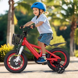 BABY JOY Sporty Kids Bike, 12 Inch Child Bike for 3-4 Years Old w/Adjustable Height, Training Wheels, Storage Basket, Handbrake Coaster Brake, Kids Bicycle for Girls Boys (Red)