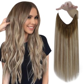 Fshine Fshine Invisible Wire Hair Extensions Real Human Hair Brown to Ash Brown and Blonde Fish Line Hair Extensions Secret Headband Wire Human Hair Extensions One Piece Hair Extensions Clip Ins 12Inch 70g