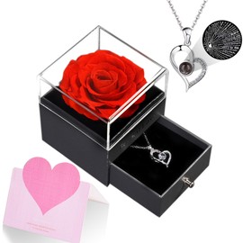 Preserved Red Real Rose with Heart I Love You Necklace, Forever Flowers, Real Flower Gift for Mom Wife Women on Birthday Anniversary Valentine's Romantic, Red Rose